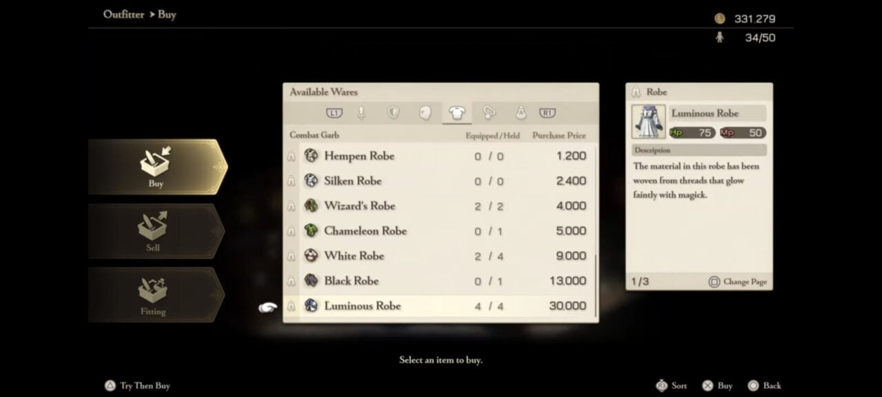 منوی خرید زره در فروشگاه بازی فاینال فانتزی تاکتیکس 