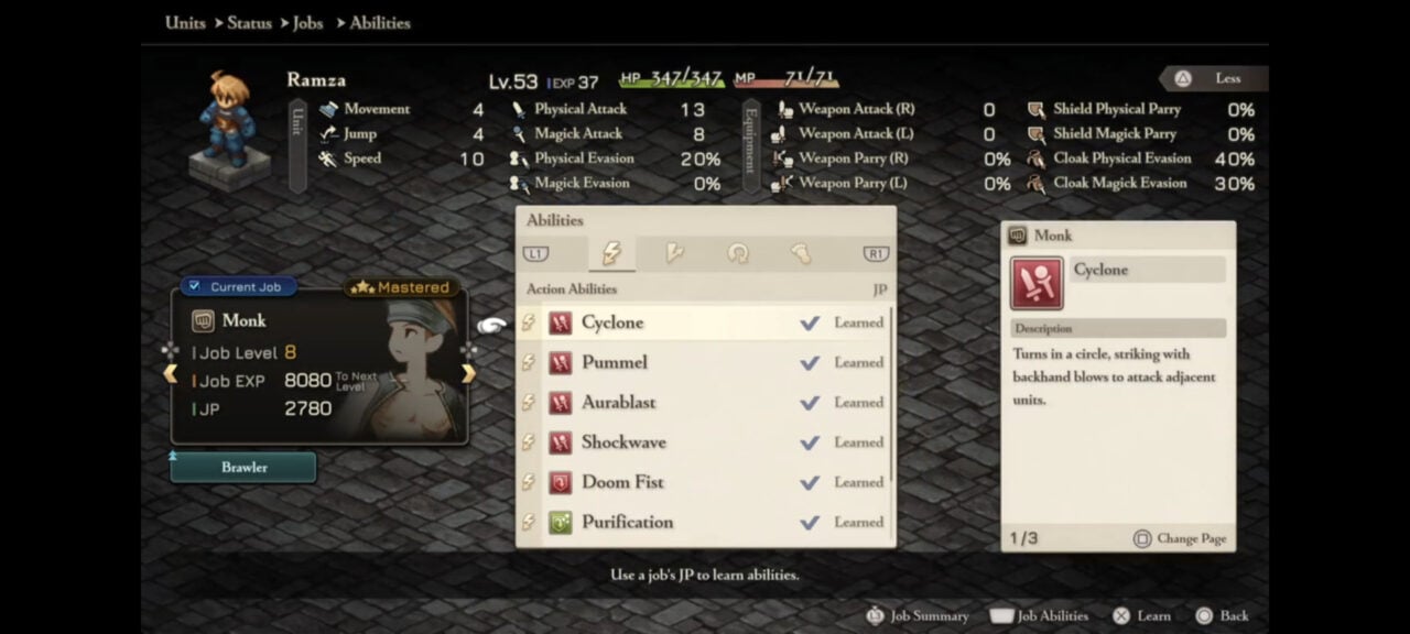 شخصیت رامزا در شغل Monk در منوی بازی فاینال فانتزی تاکتیکس