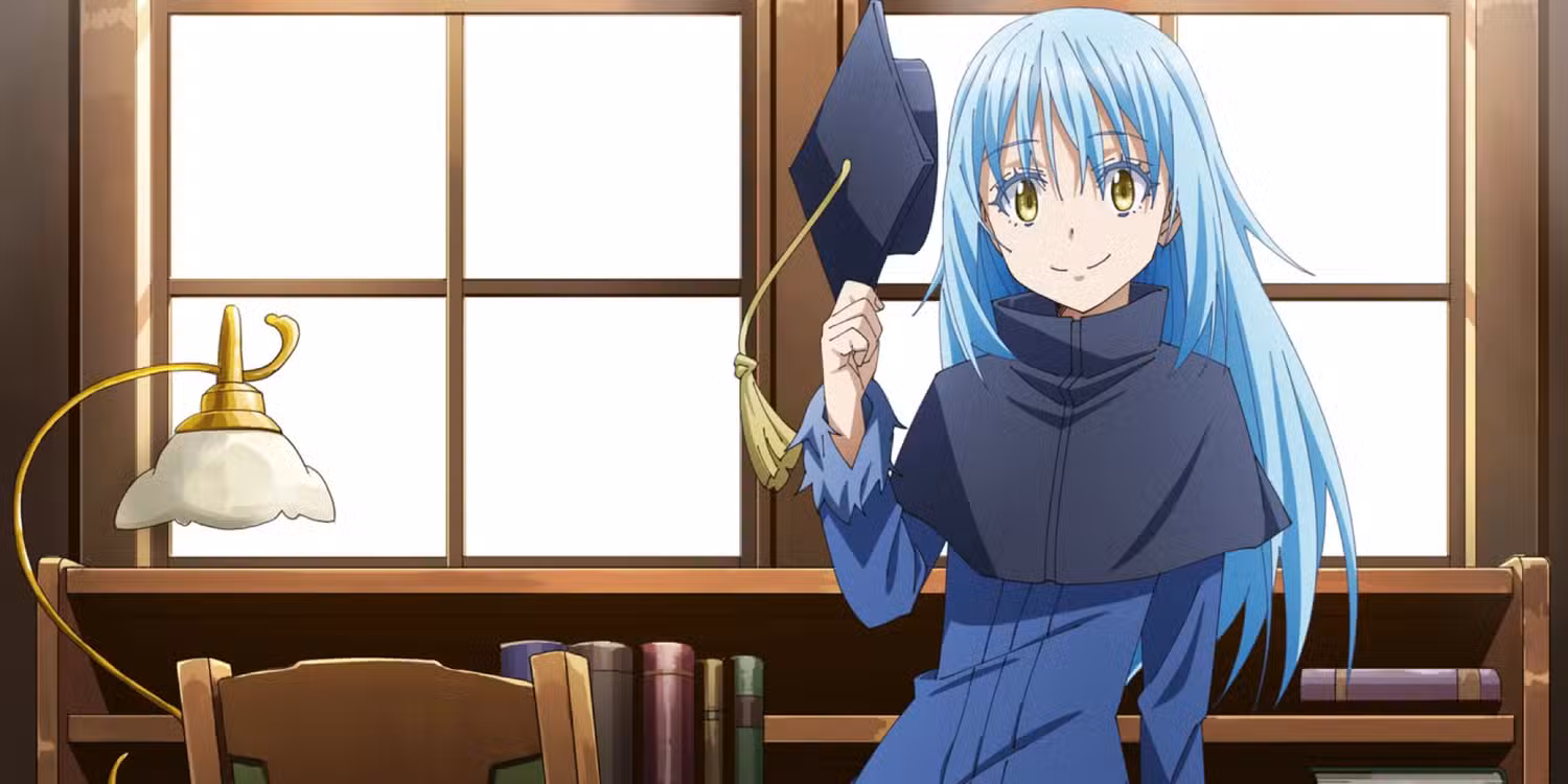 ریمورو تمپست در فرم انسانی خود در انیمه "زمانی که به عنوان یک اسلایم تناسخ پیدا کردم" با کلاه فارغ‌التحصیلی.