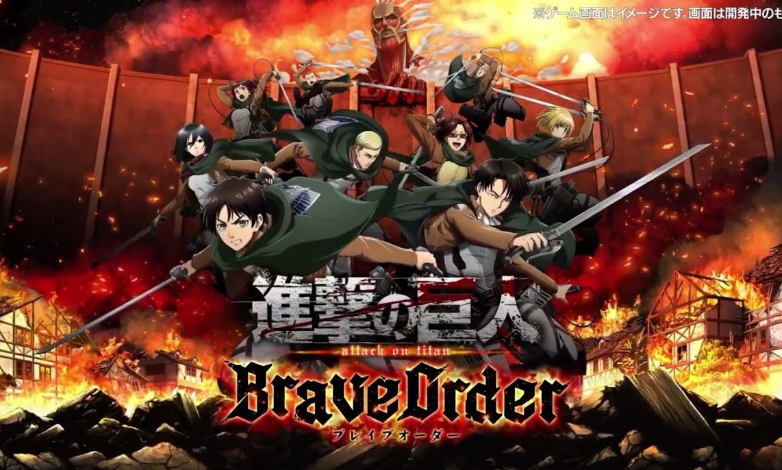 پوستر انیمه حمله به تایتان (Attack on Titan) با حضور شخصیت‌های اصلی و یک تایتان