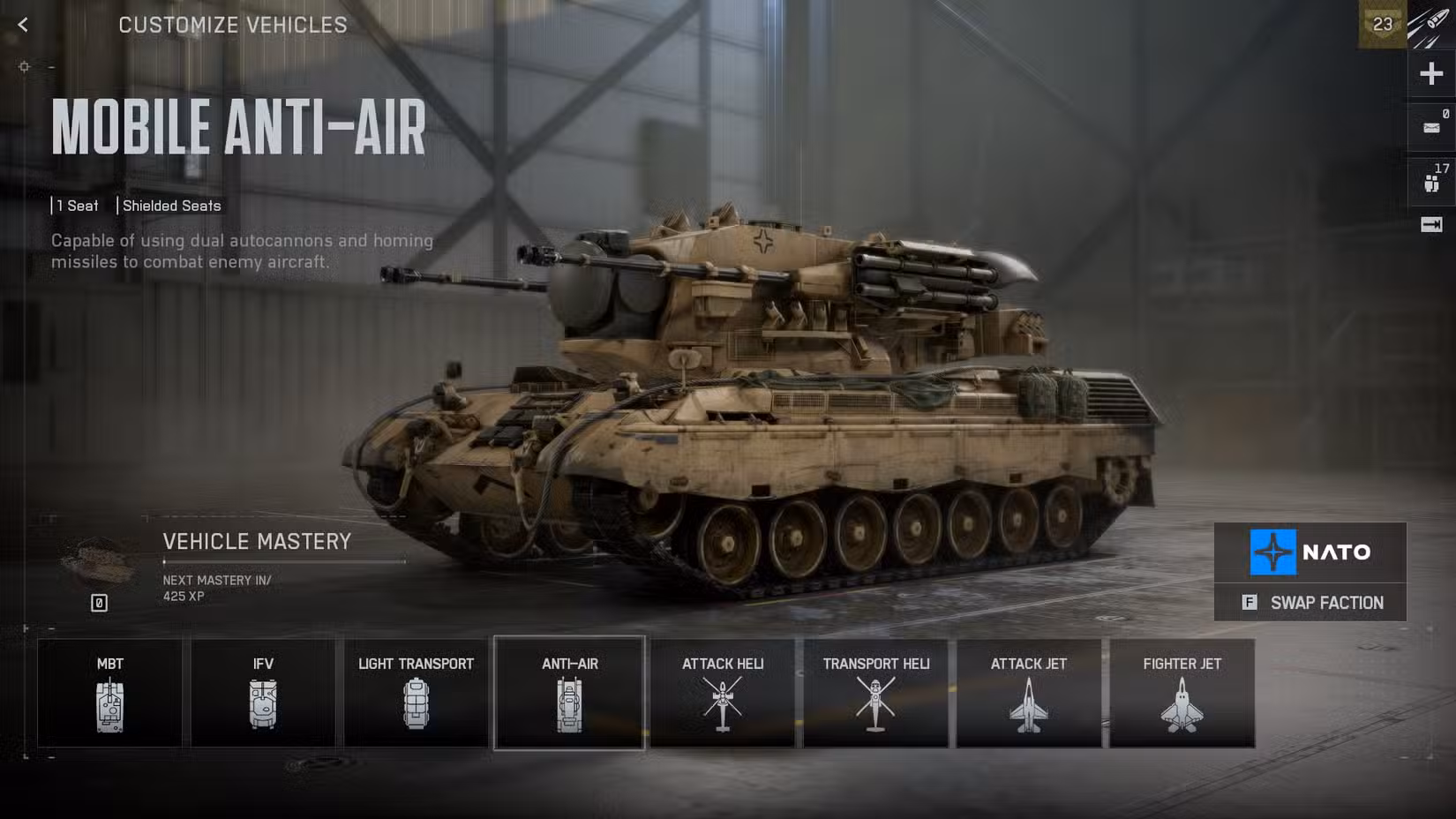 منوی شخصی‌سازی لوداوت وسیله نقلیه ضدهوایی متحرک در بتلفیلد ۶