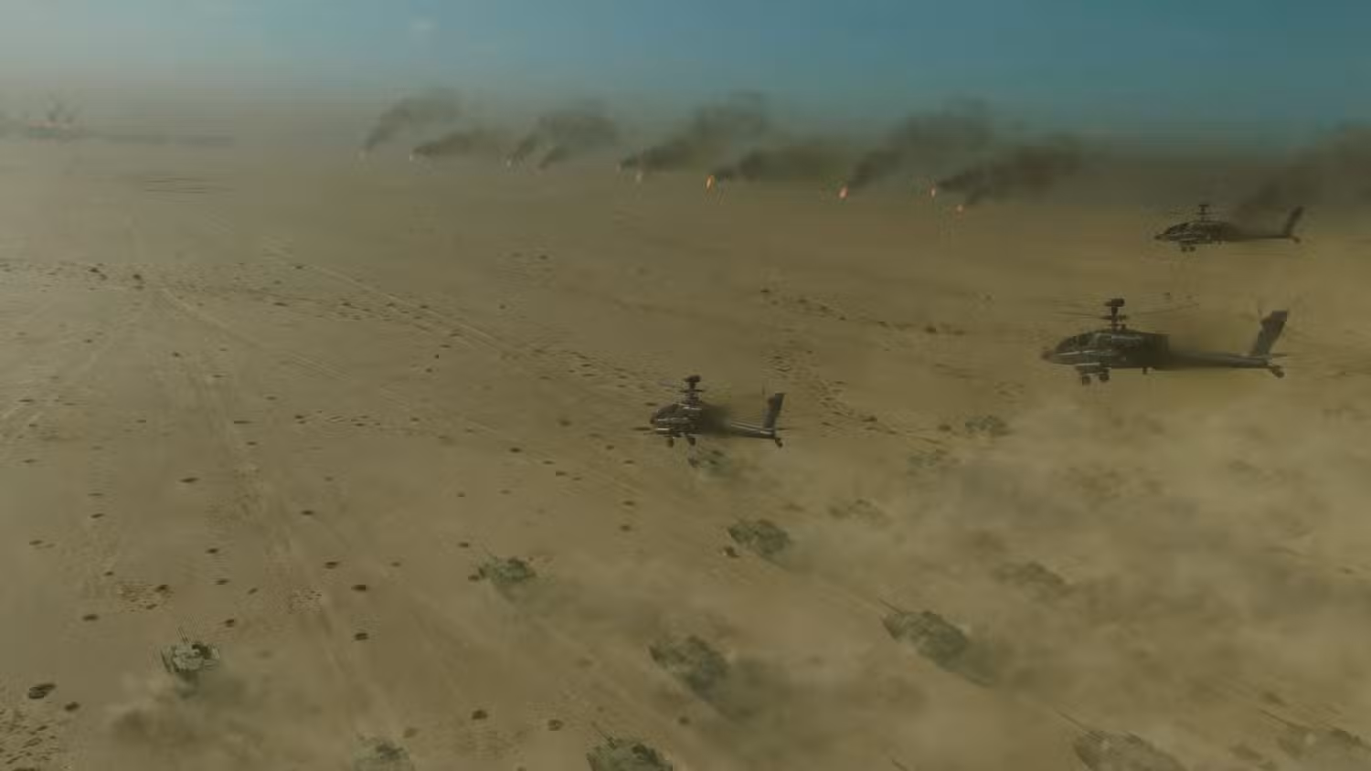 چندین هلیکوپتر نظامی در حال پرواز بر فراز یک منطقه بیابانی در بازی Black Ops 6