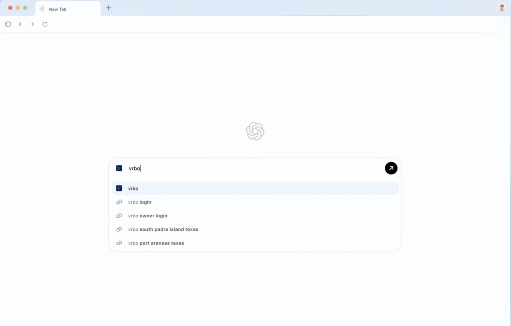 رابط کاربری ساده و یکپارچه ChatGPT Atlas که عملکرد جستجو را نشان می‌دهد