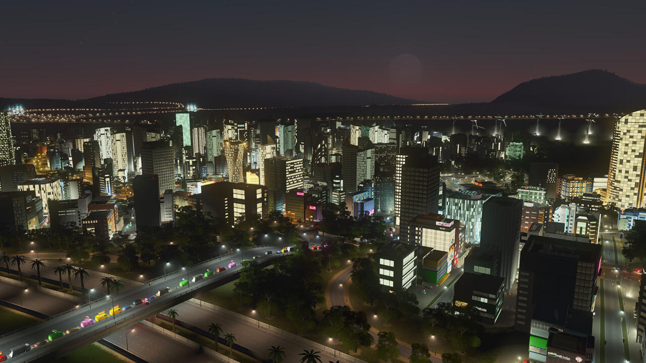 نمای شب از یک کلان‌شهر پرجزئیات و شلوغ در بازی شهرسازی Cities: Skylines