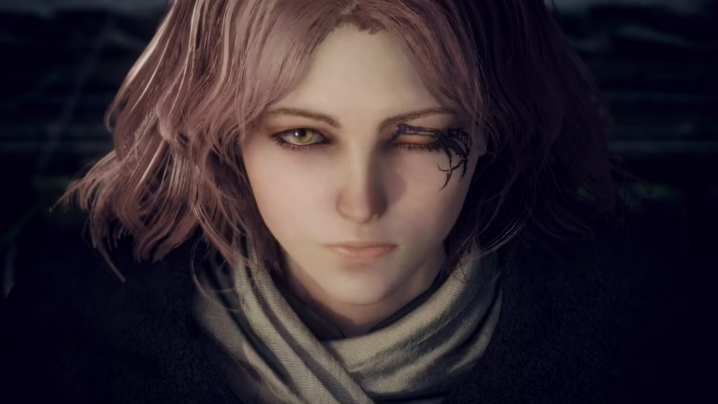 چهره کلوزآپ ملینا از بازی الدن رینگ با چشم بسته و یک چشم درخشان زرد رنگ