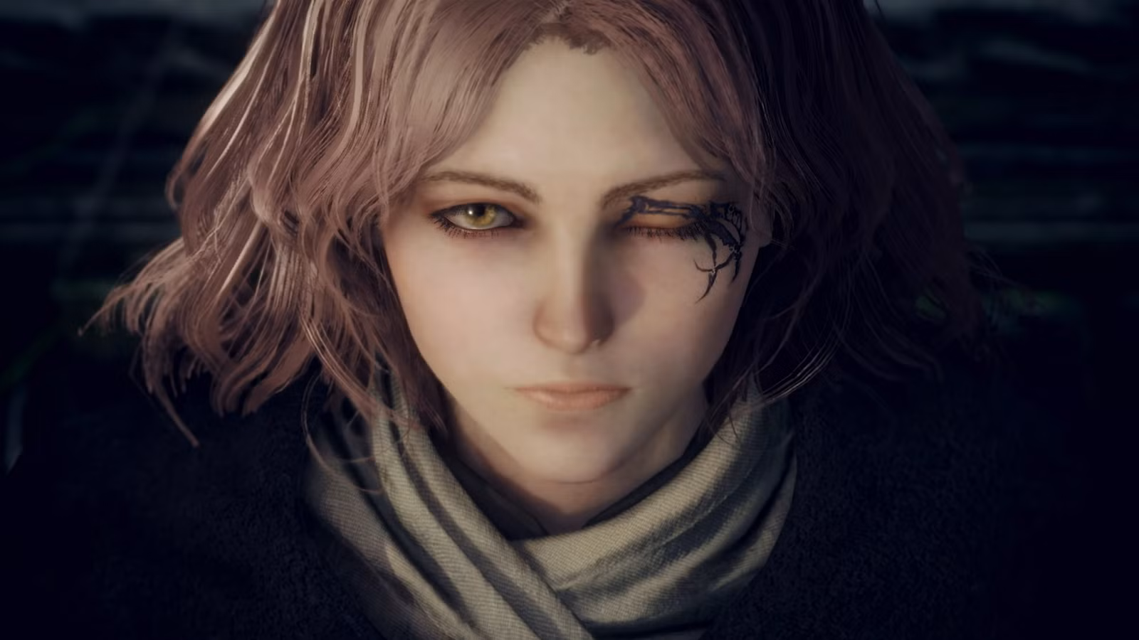 چهره کلوزآپ ملینا از بازی الدن رینگ با چشم بسته و یک چشم درخشان زرد رنگ