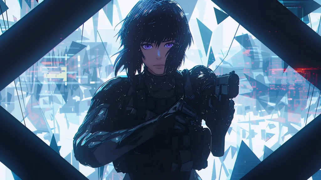 موتوکو کوساناگی از انیمه گوست این د شل که به آینده‌ای سایبرپانک و دیستوپیایی خیره شده است.