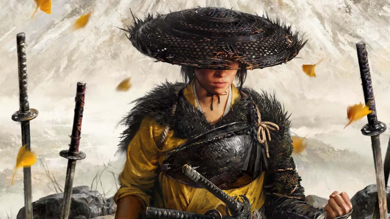 شخصیت اصلی بازی Ghost of Yotei با کلاه حصیری و شمشیرهای سامورایی