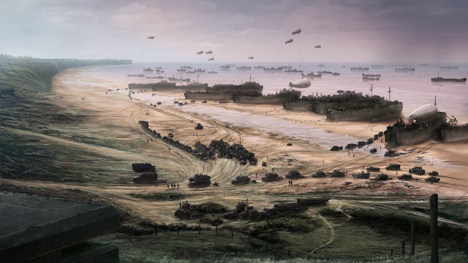 تصویری هنری از پیادهسازی نیروها در سواحل نرماندی در بازی Hearts of Iron IV