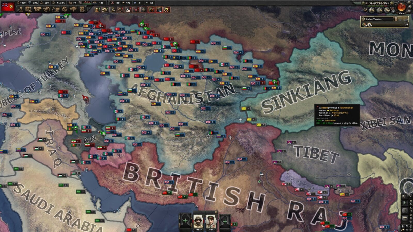 نمایی از نقشه بازی Hearts of Iron 4 با تمرکز بر منطقه هندوستان تحت کنترل بریتانیا