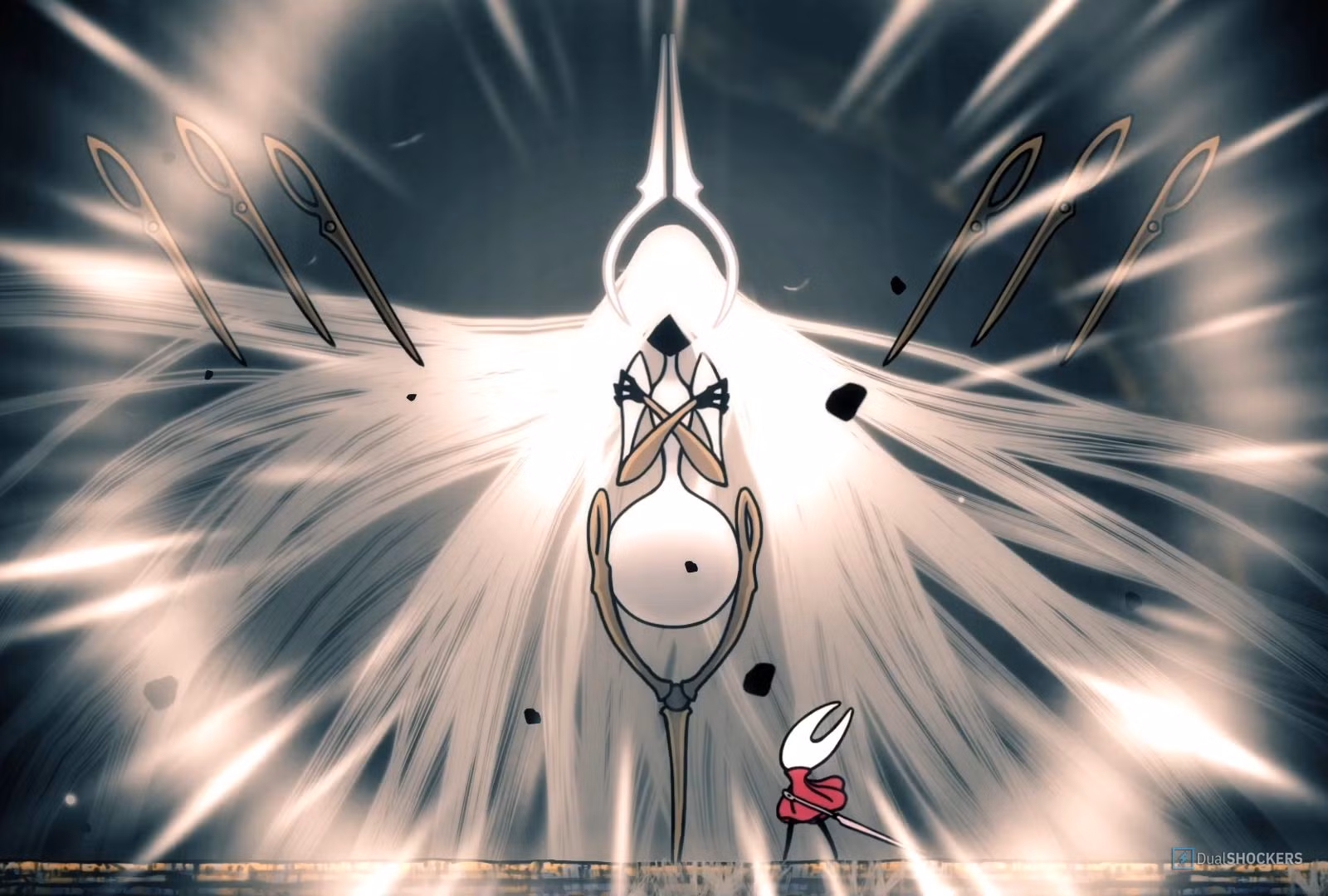 باس قدرتمند Grand Mother Silk با نیزه‌های شناور در اطرافش در بازی Hollow Knight: Silksong.
