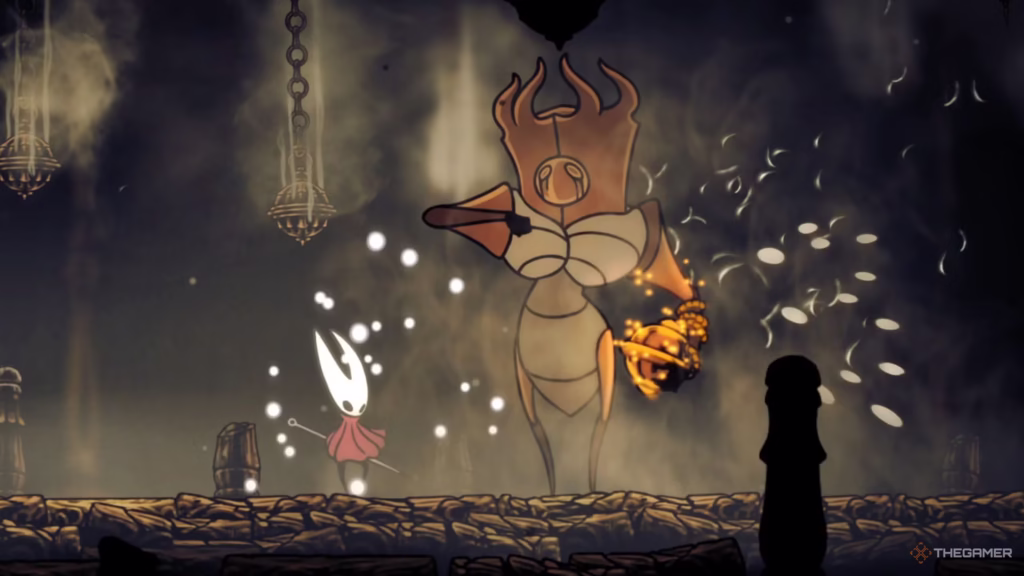 شخصیت Hornet در حال مبارزه با باس Last Judge در بازی Hollow Knight: Silksong