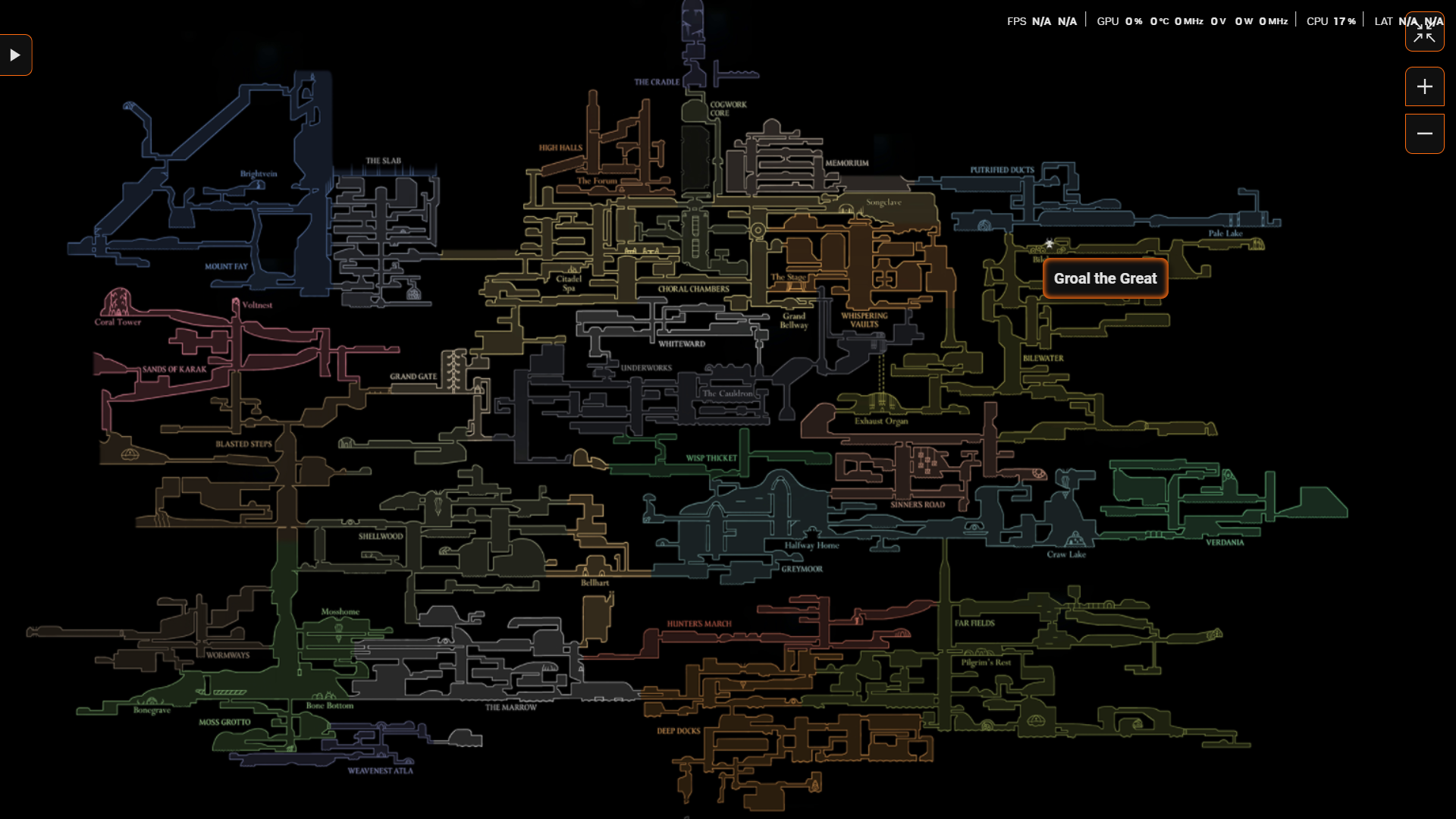 نقشه منطقه Bilewater در Silksong که موقعیت باس Groal The Great را نشان میدهد.