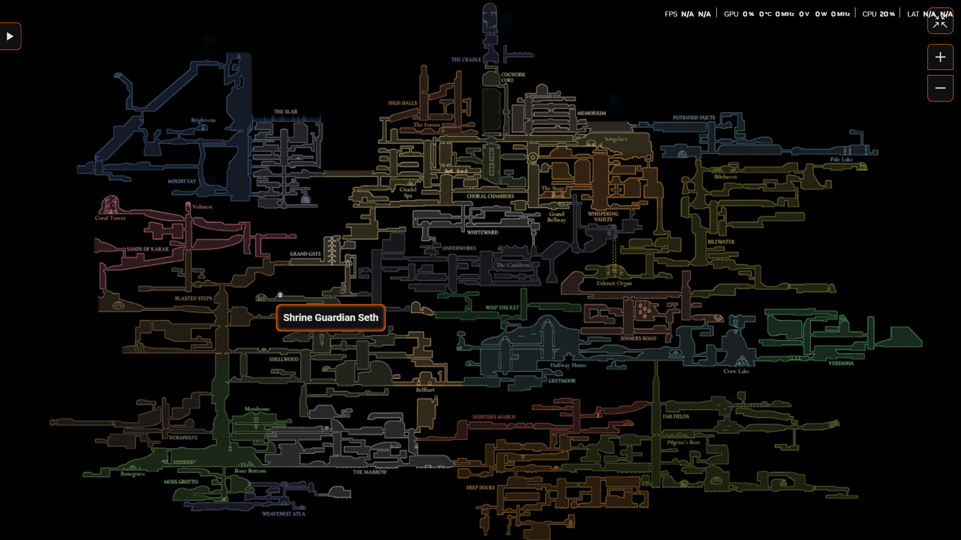 نقشه منطقه Grand Gate در بازی Hollow Knight: Silksong که مسیر مخفی به سمت باس Seth را نشان میدهد.