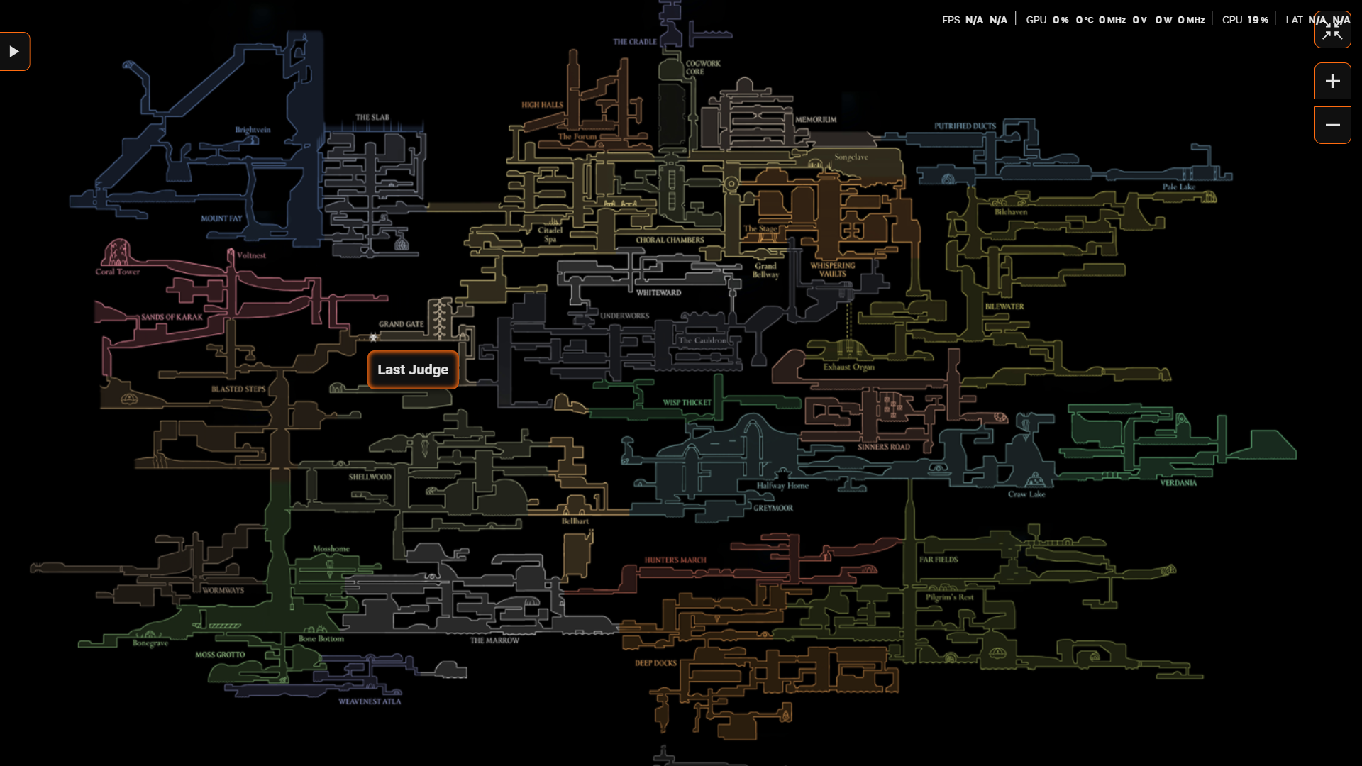 نقشه بازی Hollow Knight: Silksong که موقعیت باس Last Judge را به عنوان باس نهایی پرده اول نشان میدهد.