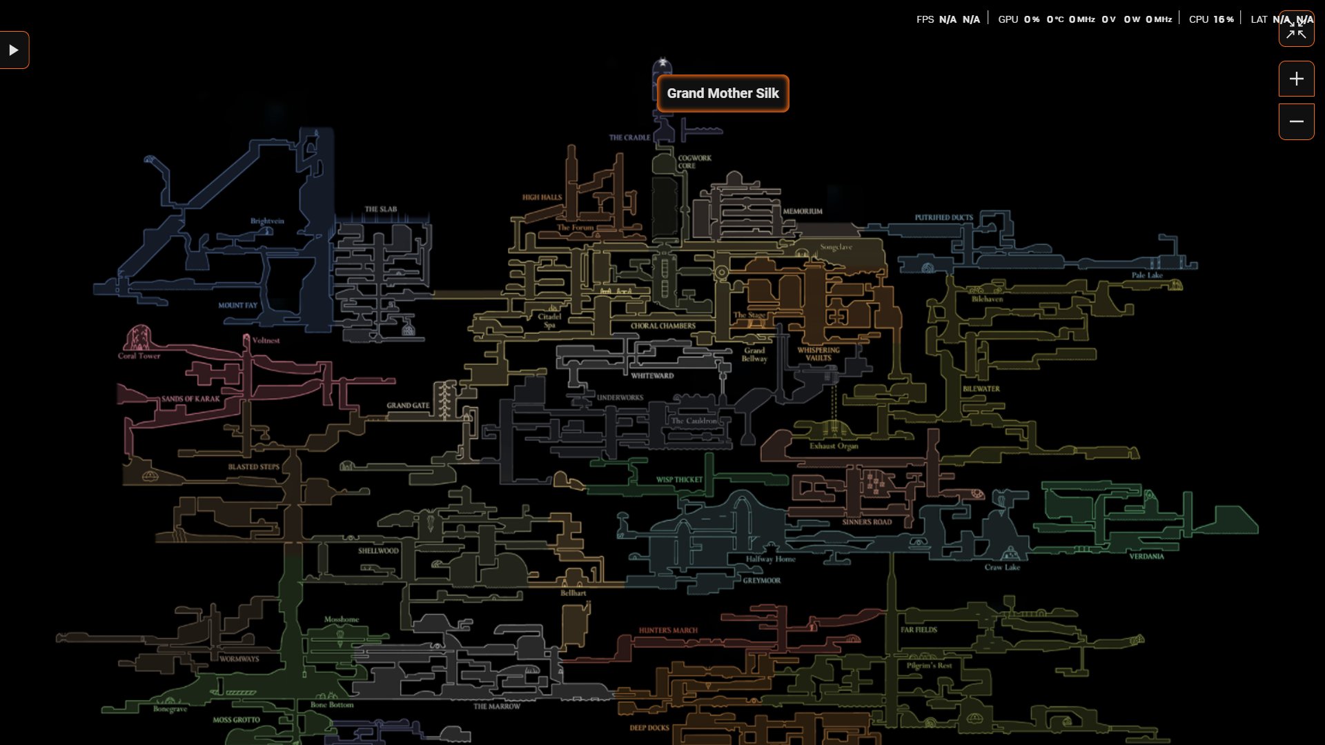 نقشه بازی Silksong که موقعیت The Cradle، محل باس Grand Mother Silk را نشان میدهد.