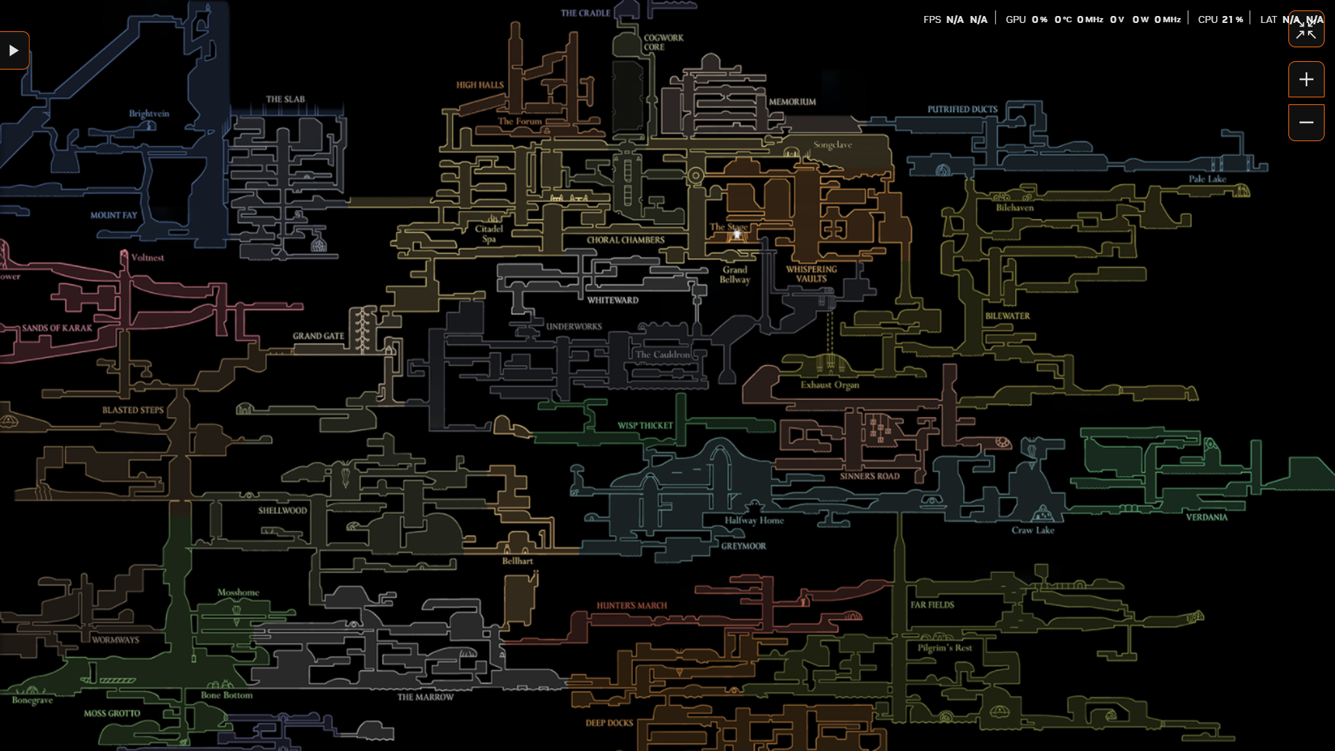 نقشه بازی Hollow Knight: Silksong که موقعیت مکانی استیج باس Trobbio را نشان میدهد.