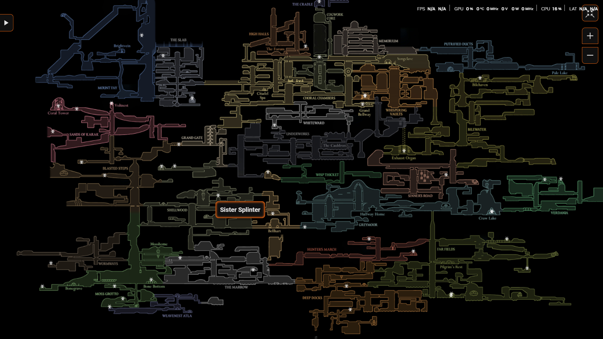 نقشه منطقه Shellwood در بازی Hollow Knight: Silksong که محل باس Sister Splinter را نشان میدهد