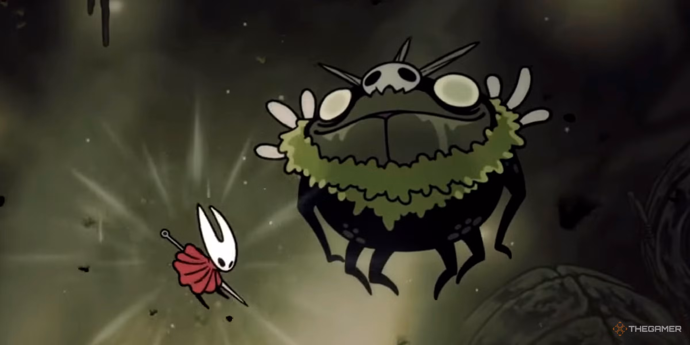 شخصیت Hornet بازی Hollow Knight: Silksong در مقابل باس Groal The Great در منطقه Bilewater.