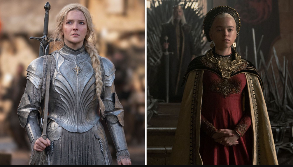 تصویر مقایسهای از شخصیتهای اصلی سریال خاندان اژدها مانند رینیرا تارگرین و آلیسنت هایتاور در مقابل شخصیتهای حلقههای قدرت مانند گالادریل و الروند.