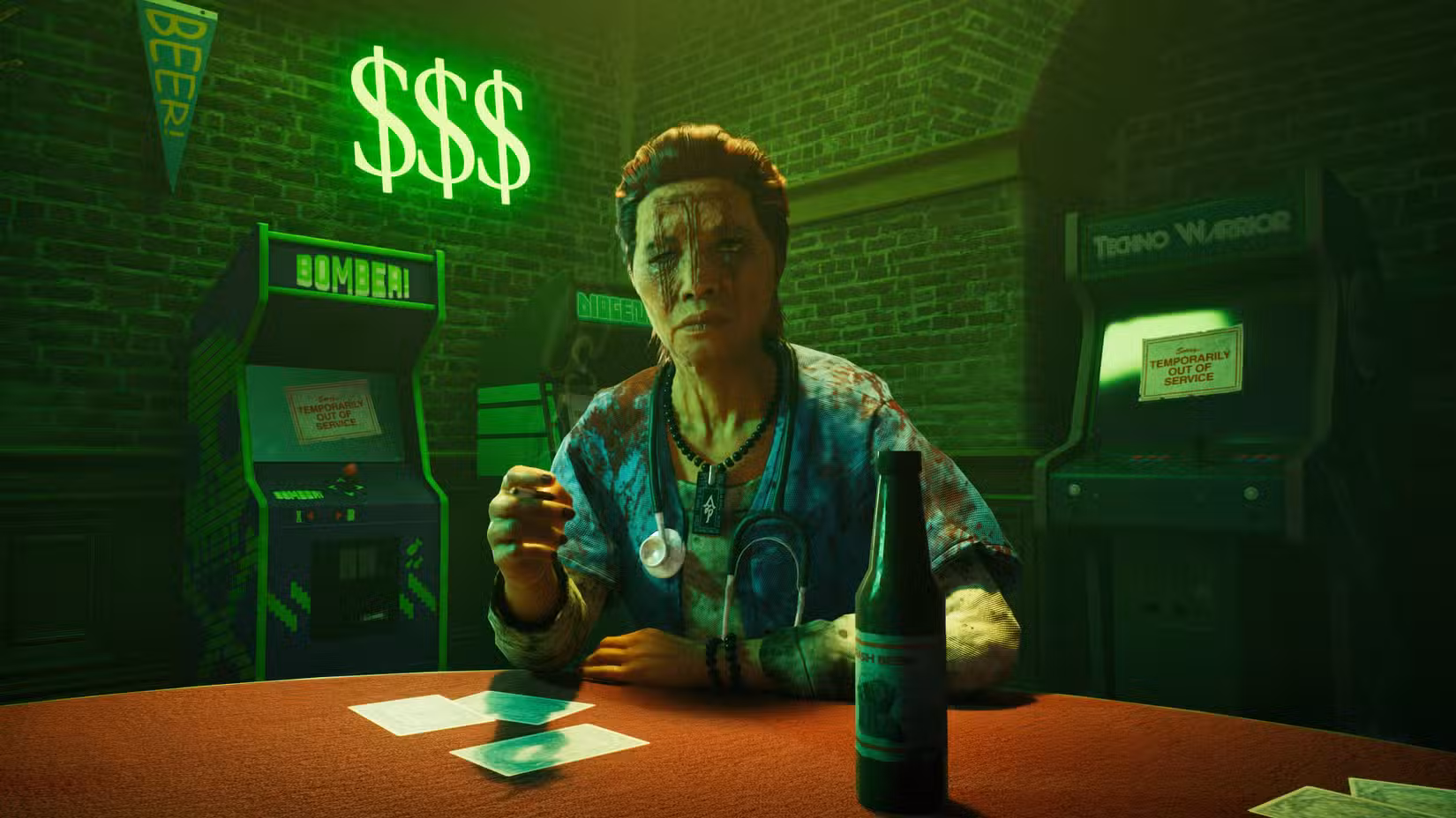 کاتسومی، یکی از شخصیت‌های بازی ومپایر بلادلاینز ۲، پشت یک میز در یک بار نشسته است.