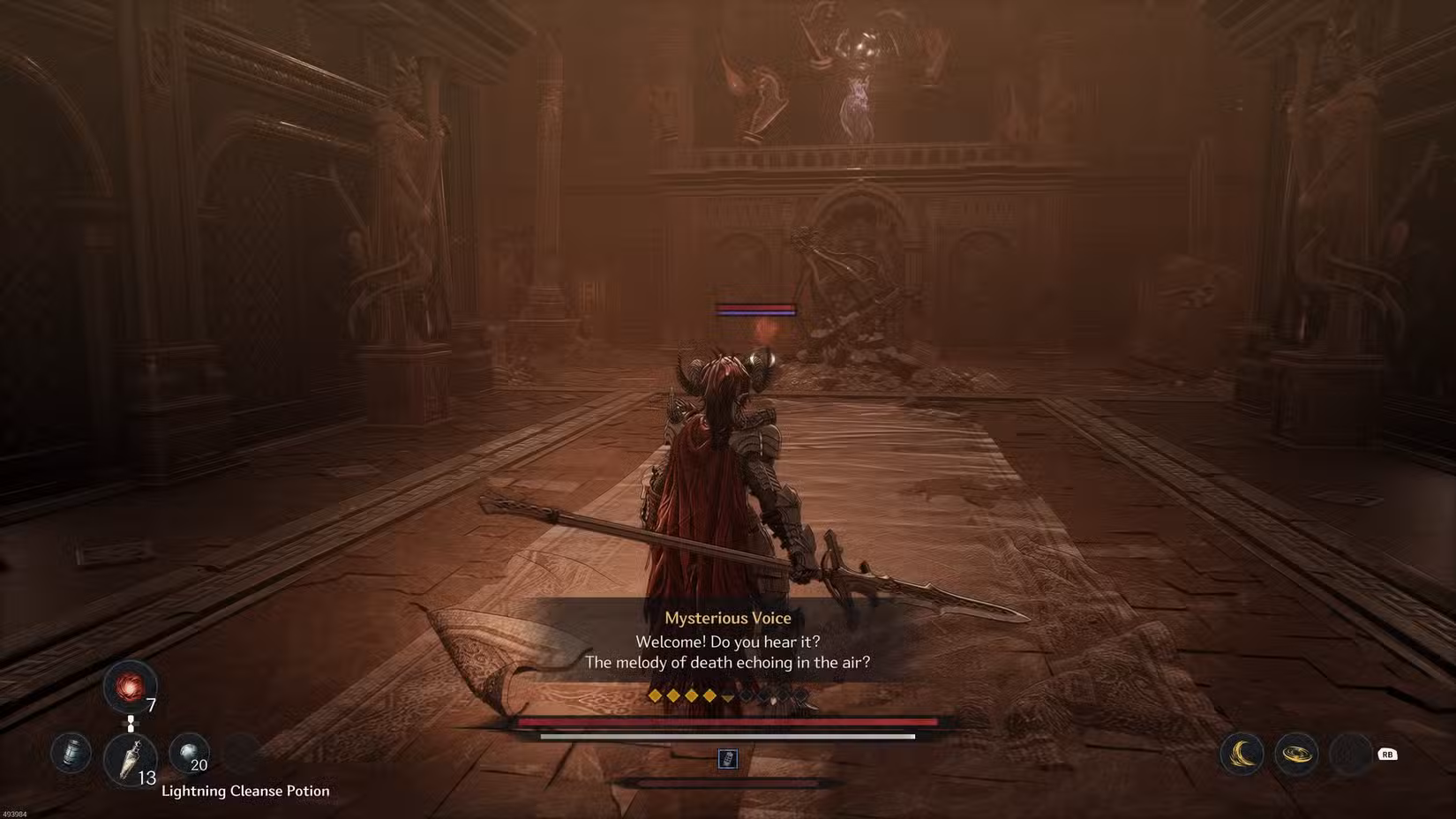 گیم‌پلی بازی خازان در یک راهروی تاریک که صدایی مرموز در حال صحبت با شخصیت اصلی است.