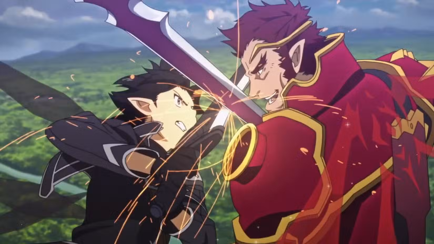 کیریتو، شخصیت اصلی Sword Art Online، در حال مبارزه با شمشیر در دنیای مجازی بازی.