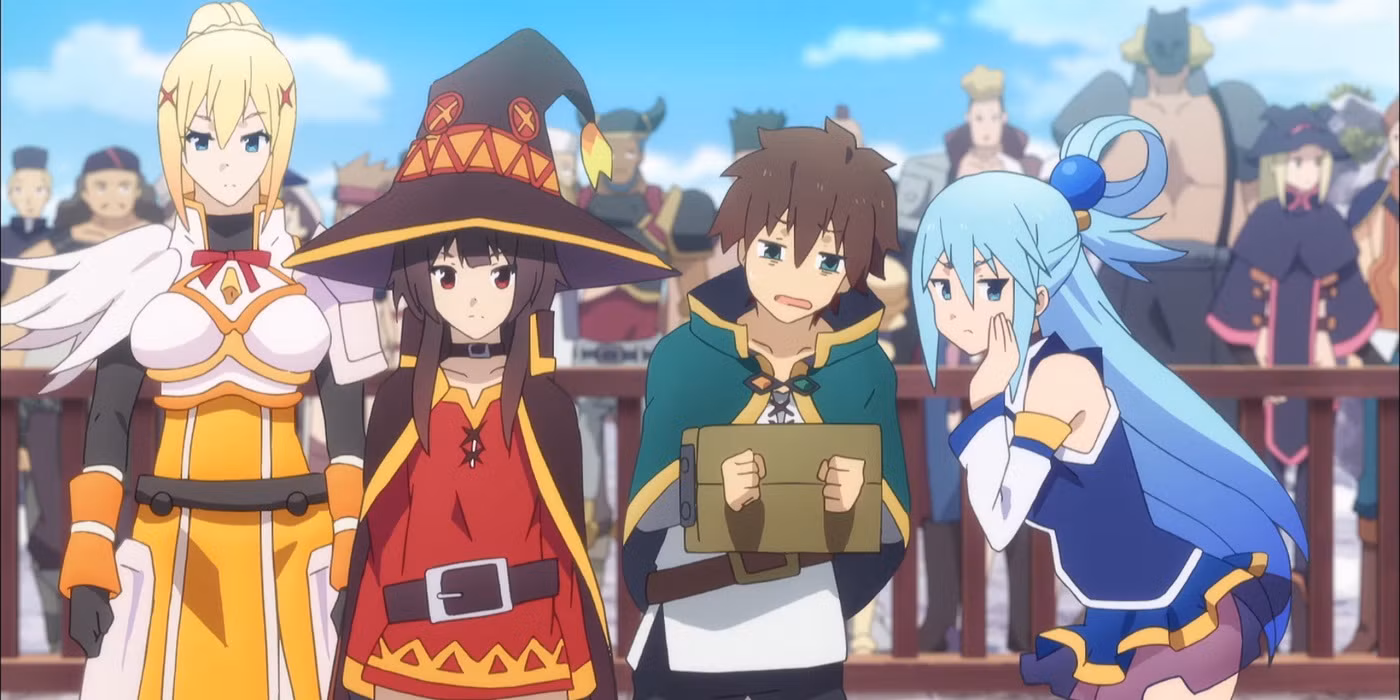 گروه ناهماهنگ و خندهدار انیمه کونوسوبا شامل کازوما، آکوا، مگومین و دارکنس در حال انجام یک ماموریت ناموفق دیگر.