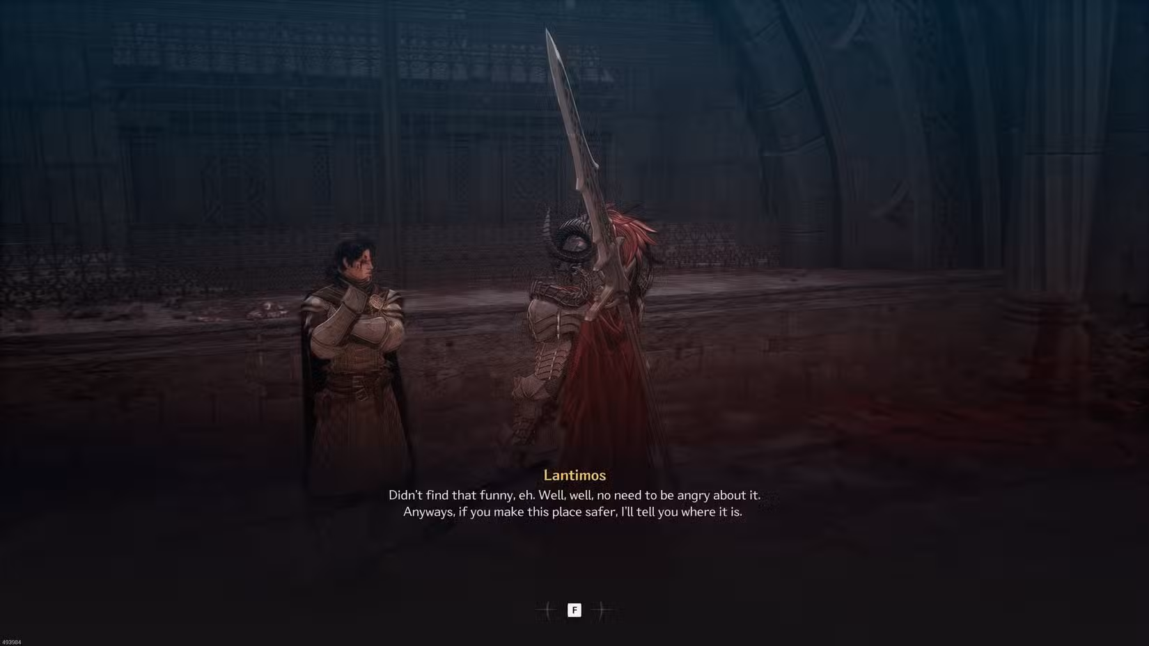 تصویری از گیم‌پلی بازی خازان که در آن یک شخصیت به نام لانتیموس در حال صحبت کردن است.