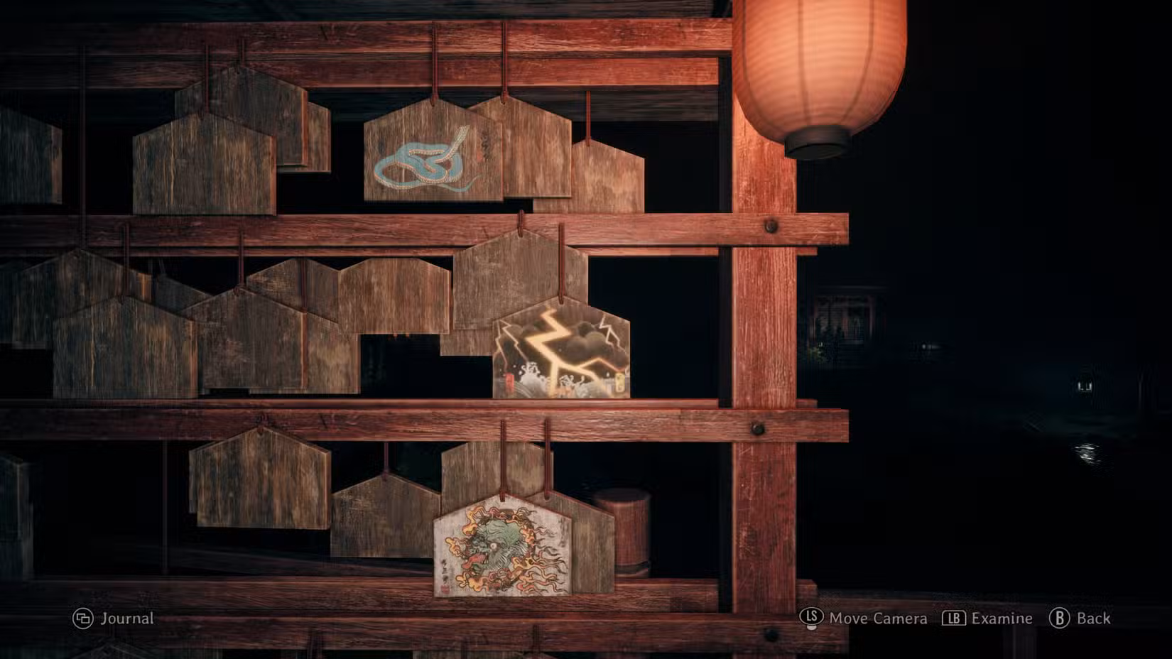 لوح چوبی Ema با طرح برخورد صاعقه در طوفان برای حل معمای Shrine Vault.