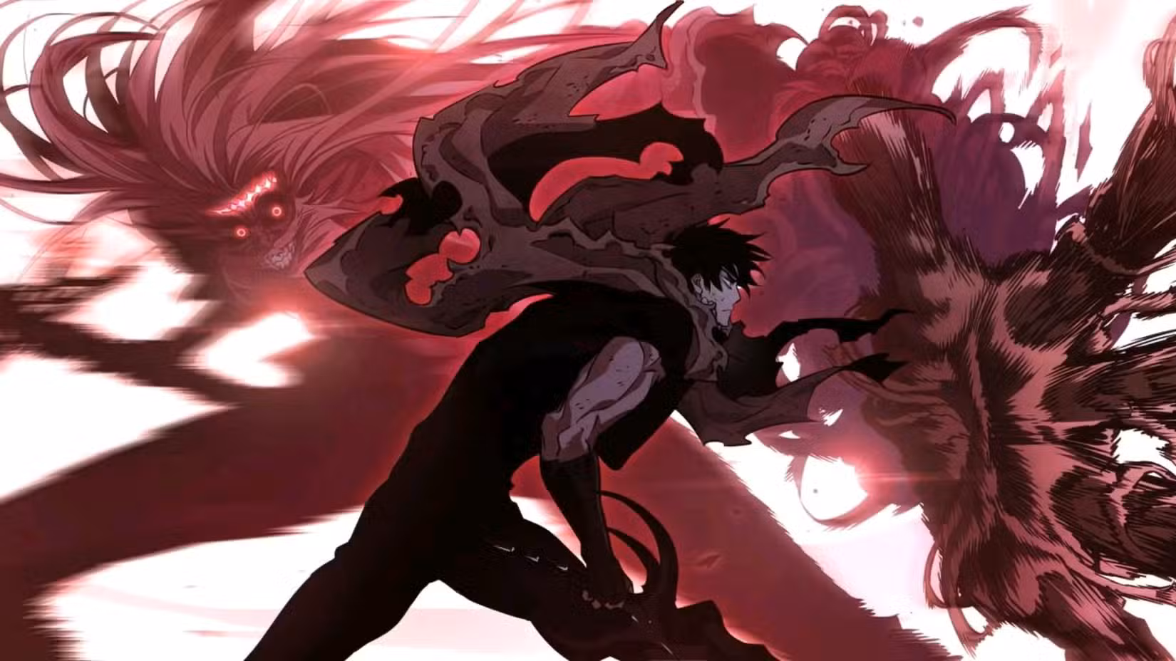 جهوان، شخصیت اصلی مانهوای The World After the Fall، در میان انرژی قرمز رنگ و طراحی هنری خیره‌کننده.