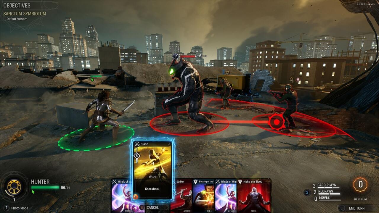 قهرمانان مارول در حال مبارزه با استفاده از کارت‌ها در بازی Marvel's Midnight Suns