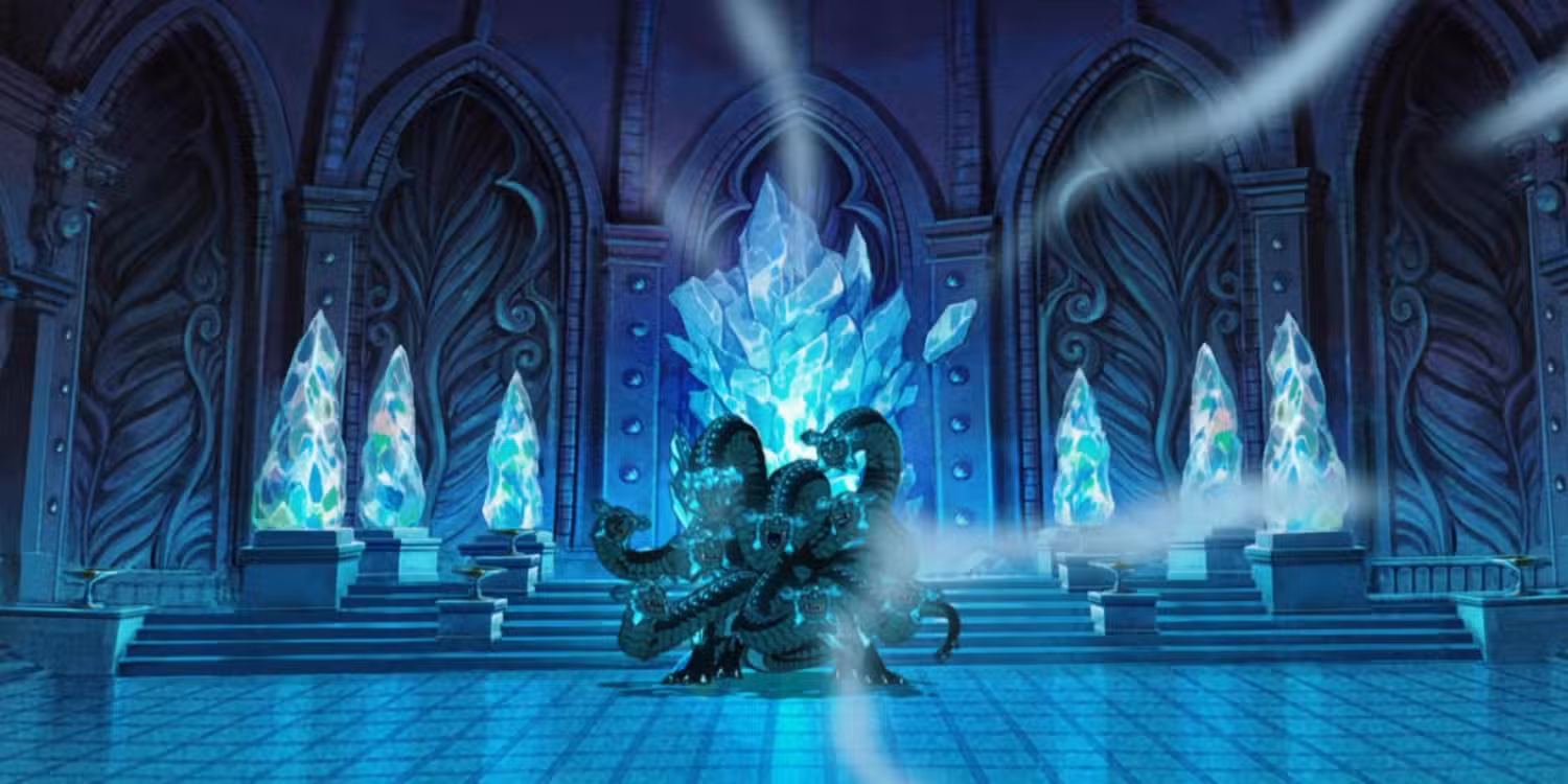 گروه رودئوس در مقابل هیولای هایدرا در یک سالن بزرگ در انیمه Mushoku Tensei.