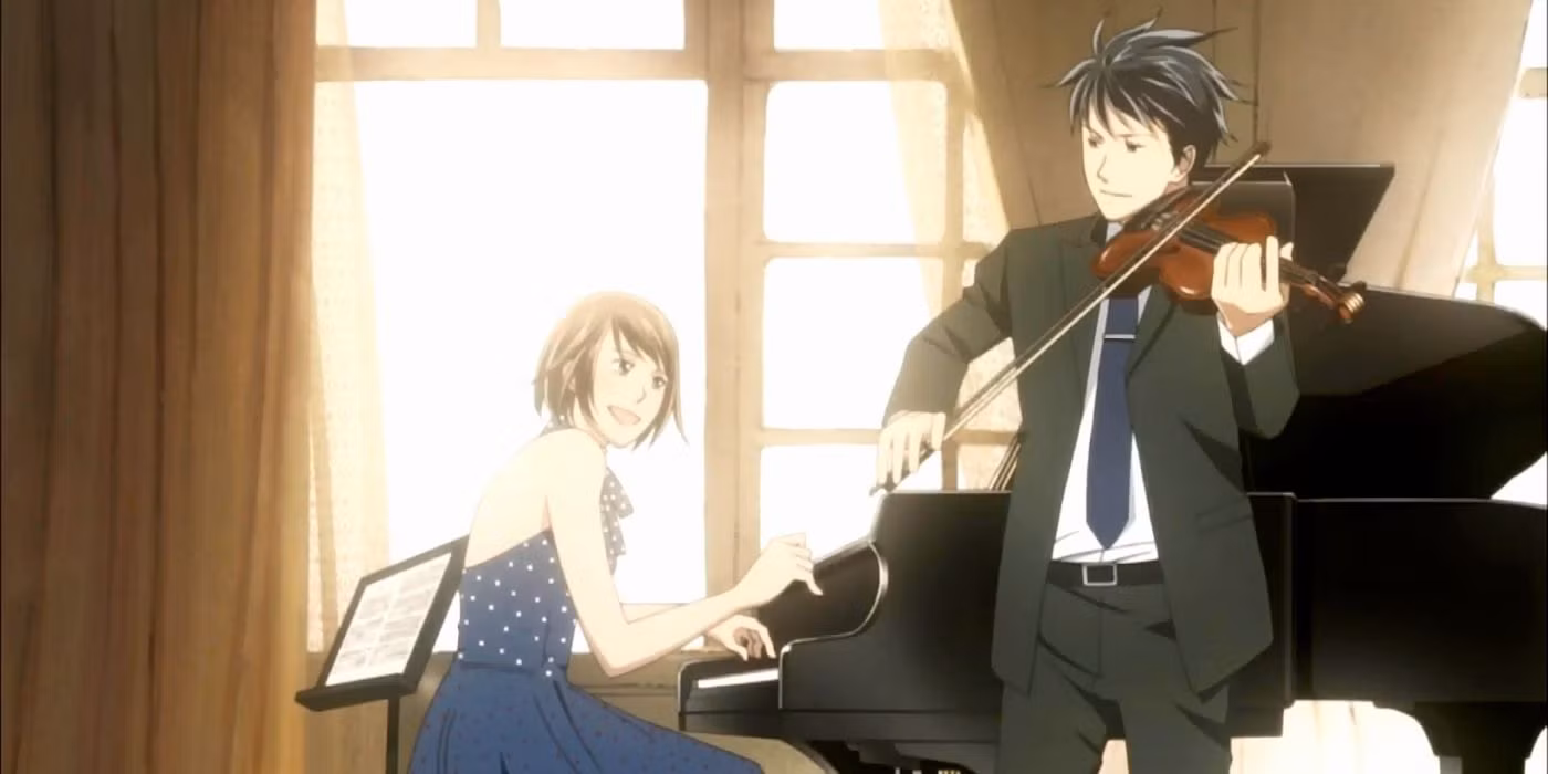 چیاکی شینیچی و نودا مگومی در حال نواختن پیانو و ویولن در انیمه نودامه کانتابیله