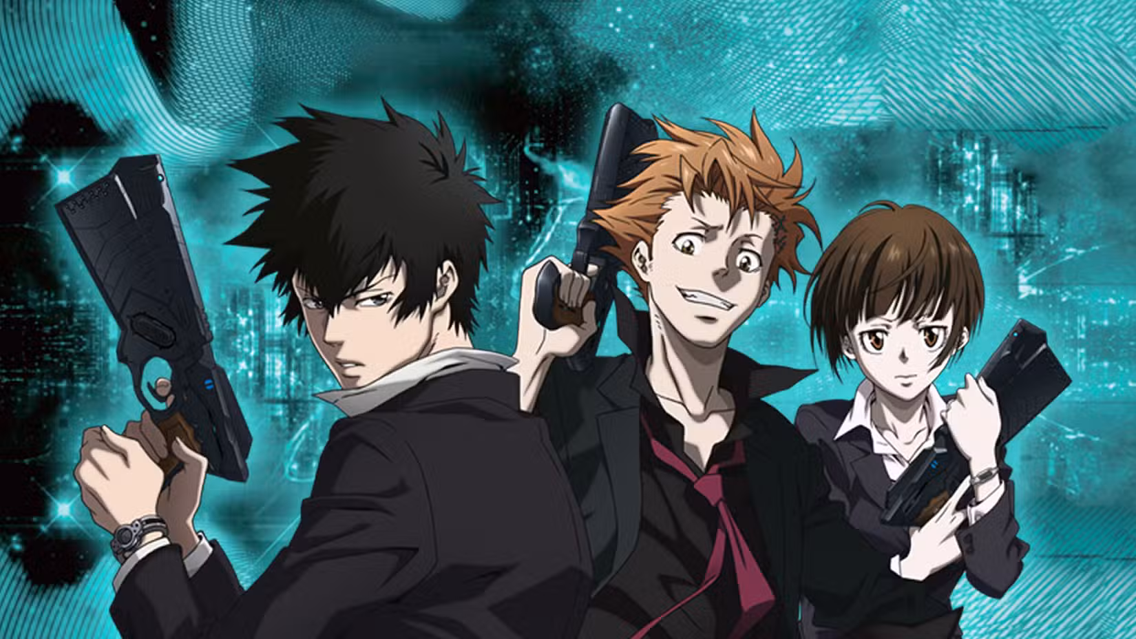 شخصیت‌های اصلی انیمه Psycho-Pass در کنار یکدیگر با اسلحه‌های مخصوص خود ایستاده‌اند.