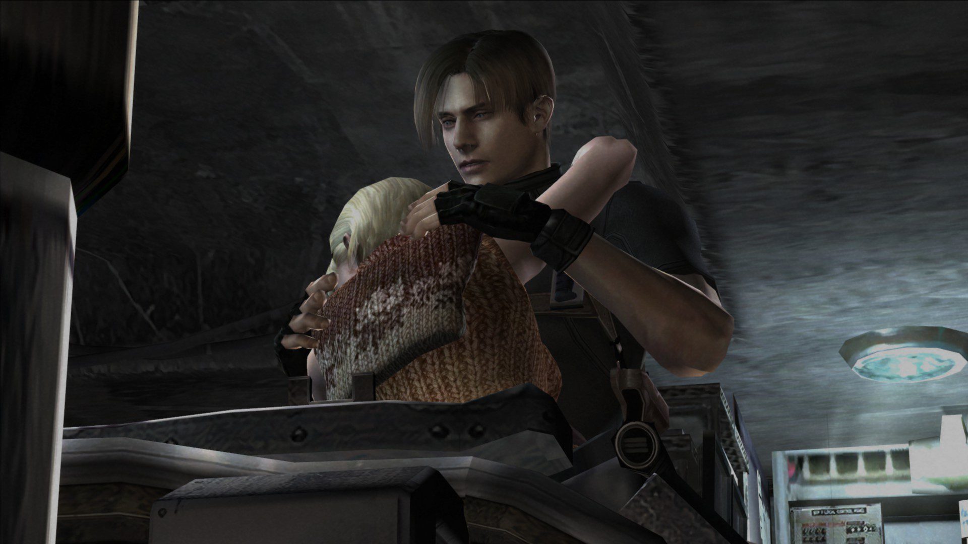 لیان در حال محافظت از اشلی در برابر دشمنان در بازی رزیدنت ایول ۴