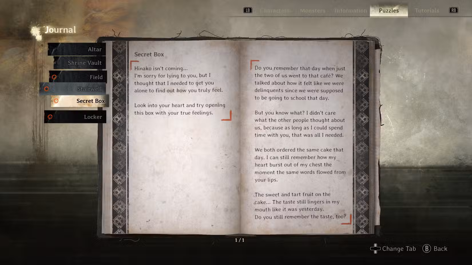 دفترچه خاطرات در سایلنت هیل F که سرنخ مرحله اول معمای جعبه مخفی را نشان می‌دهد.