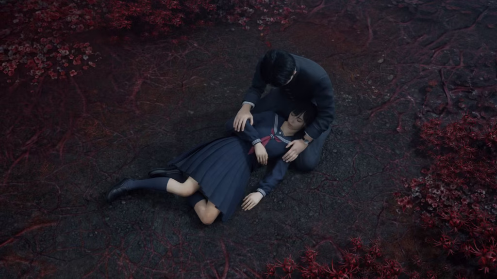 راهنمای جامع بازی سایلنت هیل F؛ تصویری هنری از شخصیت اصلی بازی در میان گل‌های قرمز.