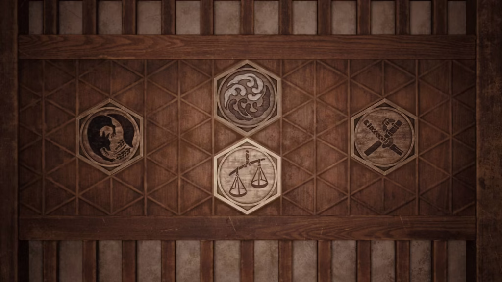 راهنمای حل معمای اتاق من در سایلنت هیل F؛ چهار نشان روی یک در چوبی قرار گرفته‌اند.