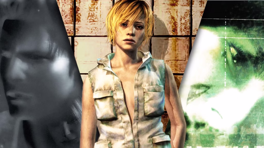 کلاژی از شخصیت‌های اصلی سه گانه سایلنت هیل، هدر، جیمز و هری میسون