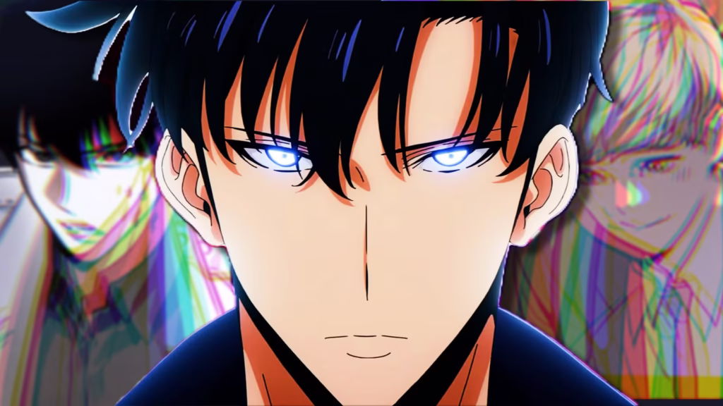 تصویری از شخصیت اصلی مانهوای Solo Leveling، سونگ جین-وو، با چشمانی درخشان به رنگ آبی.