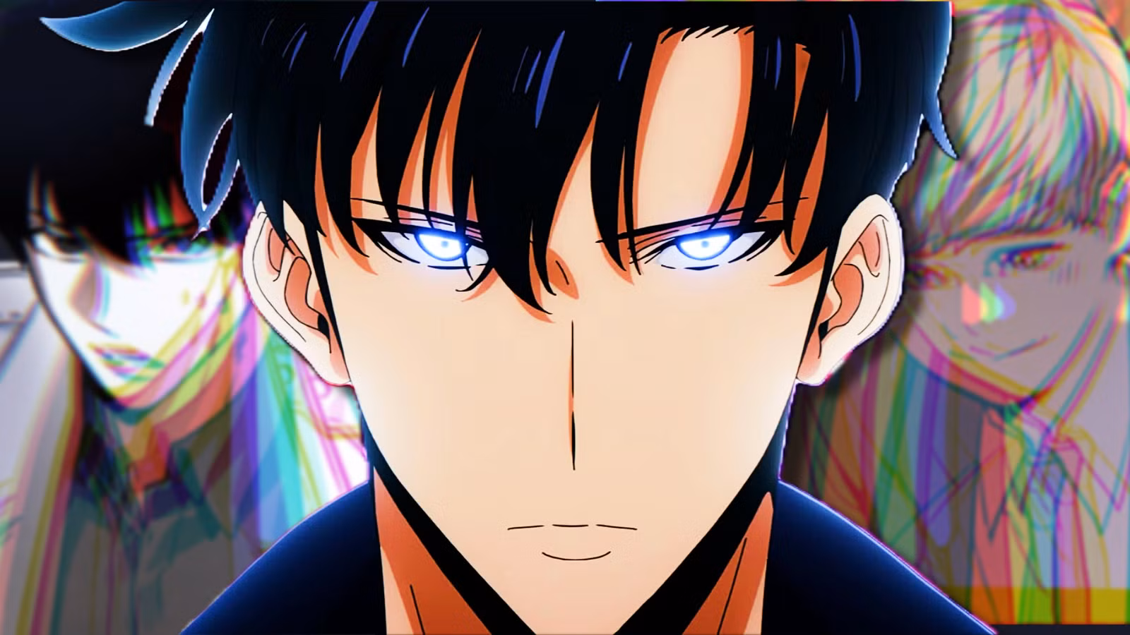 تصویری از شخصیت اصلی مانهوای Solo Leveling، سونگ جین-وو، با چشمانی درخشان به رنگ آبی.