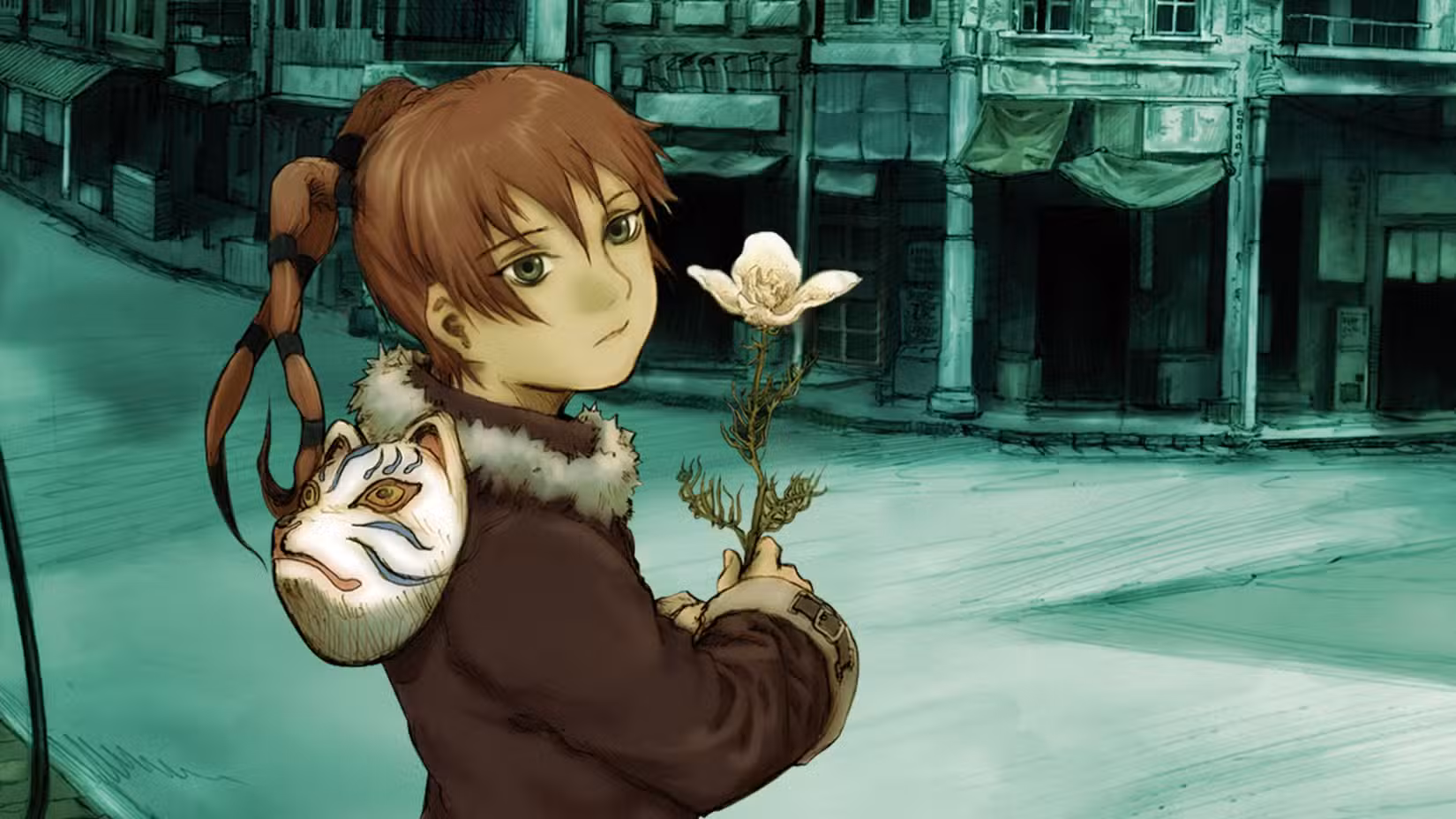 شخصیتی از انیمه Texhnolyze در حالی که گلی سفید در دست دارد و ماسکی ژاپنی به کیفش آویزان است.