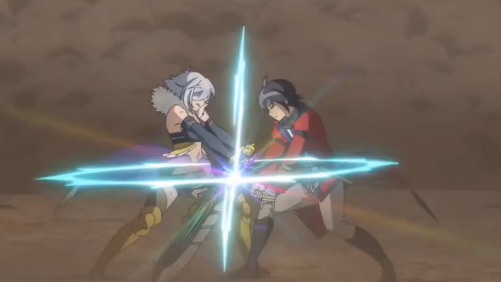 ماکوتو در حال مبارزه همزمان با دو حریف قدرتمند، سوفیا و لنسر، در انیمه Tsukimichi.