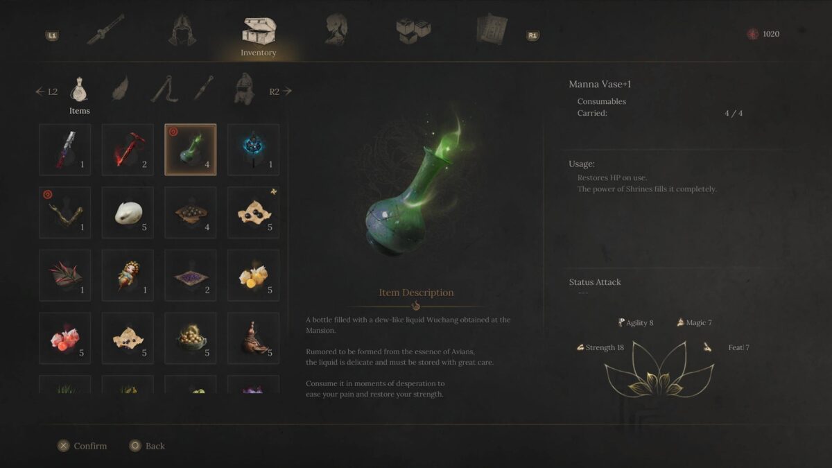 آیتم شفابخش Manna Vase در منوی اینونتوری بازی Wuchang: Fallen Feathers