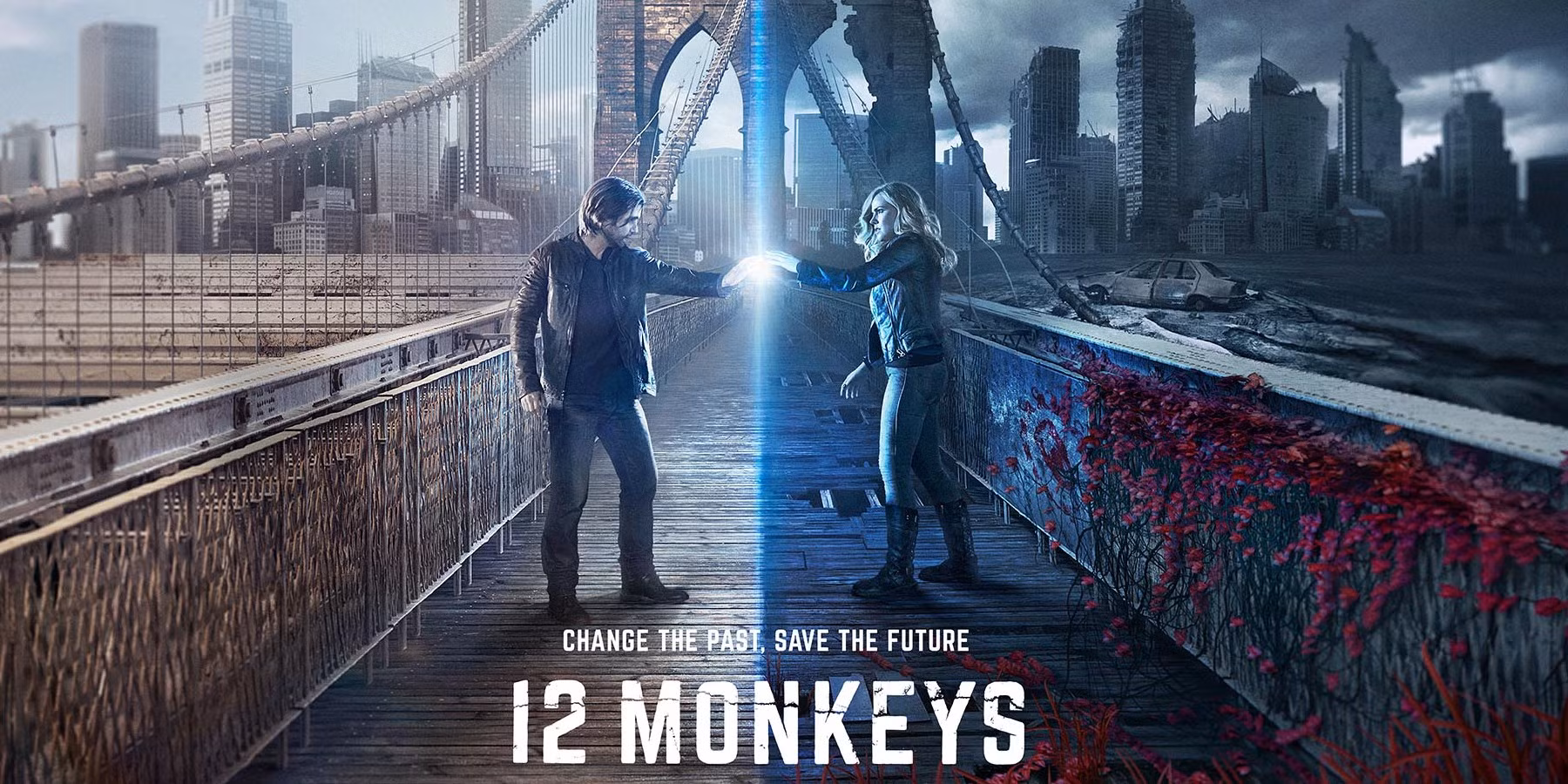  دو شخصیت اصلی سریال ۱۲ میمون در یک آزمایشگاه آینده‌نگرانه به یکدیگر نگاه می‌کنند.