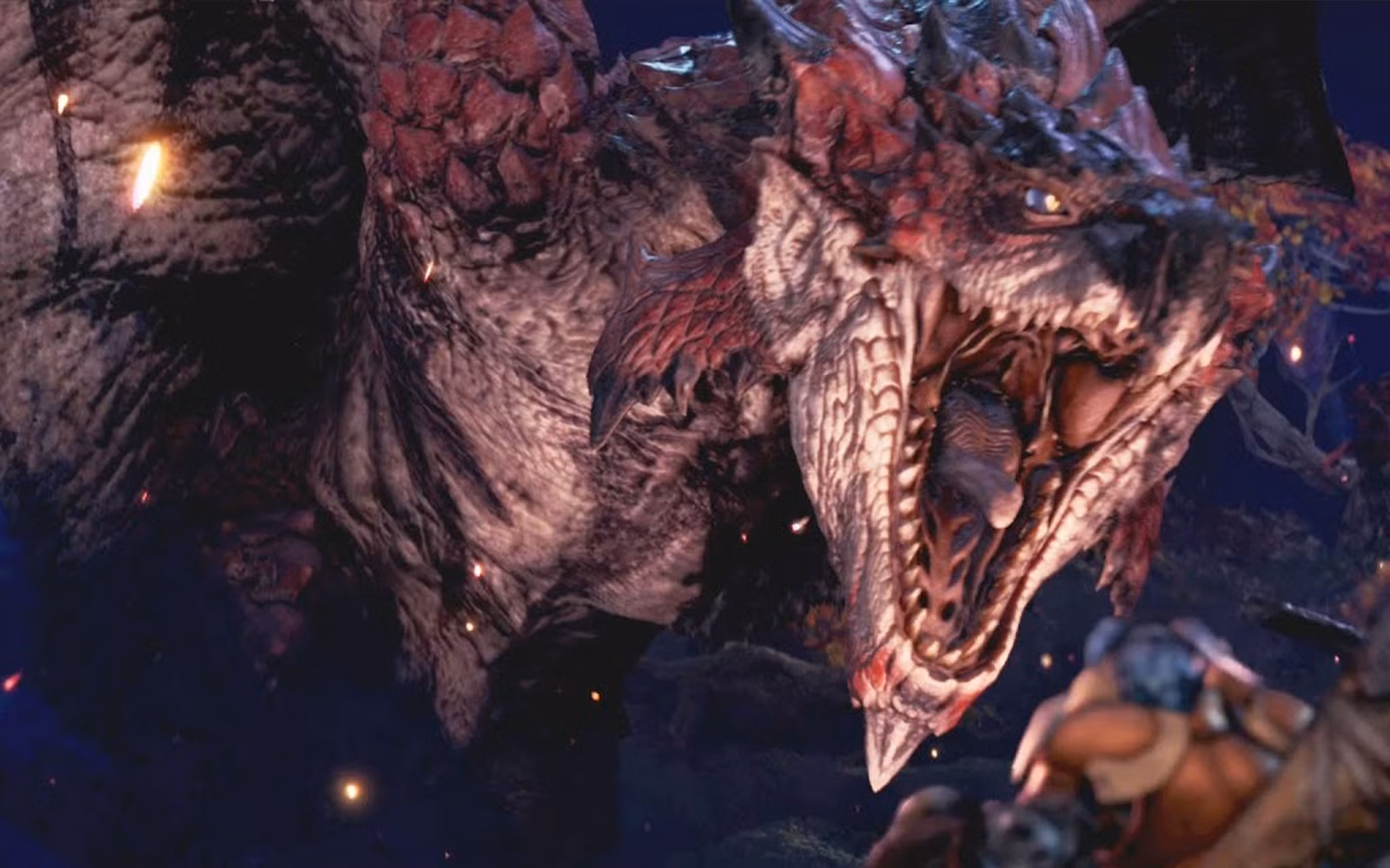 گروهی از شکارچیان در بازی Monster Hunter World در حال مبارزه با یک هیولای عظیم به نام Rathalos.