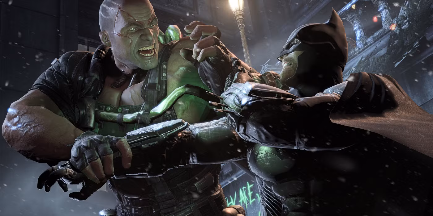 بتمن در حال مبارزه با دث‌استروک در یک صحنه سینماتیک در بازی Batman: Arkham Origins.