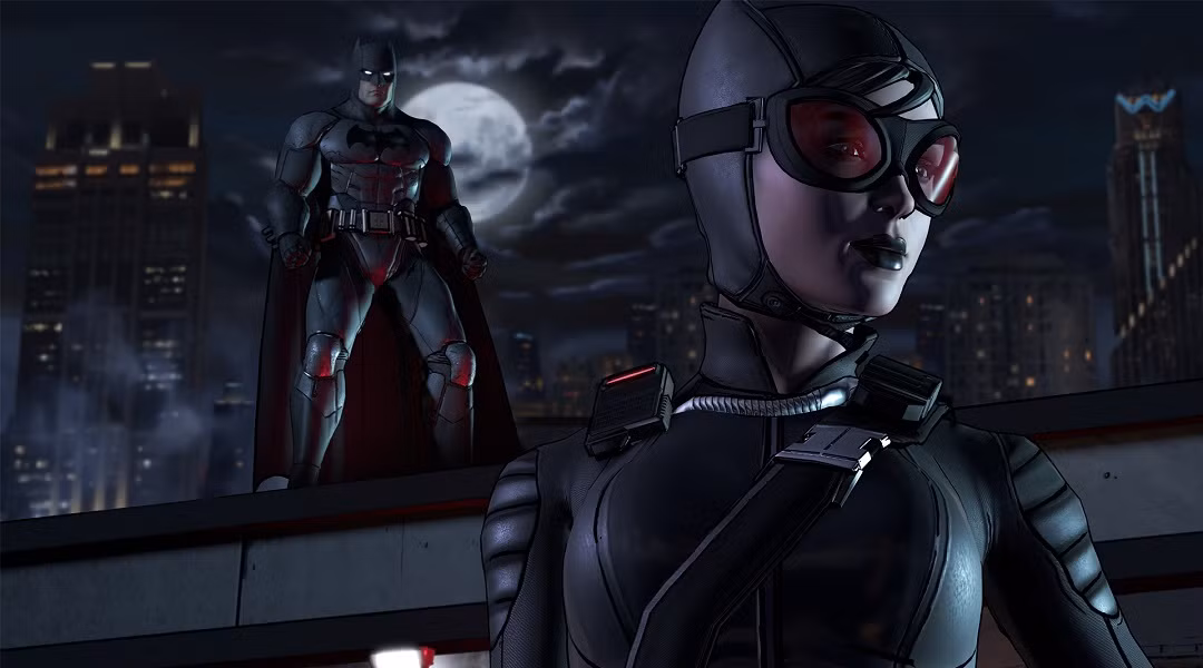 بروس وین در حال گفتگو با سلینا کایل در یک صحنه از بازی Batman: The Telltale Series.