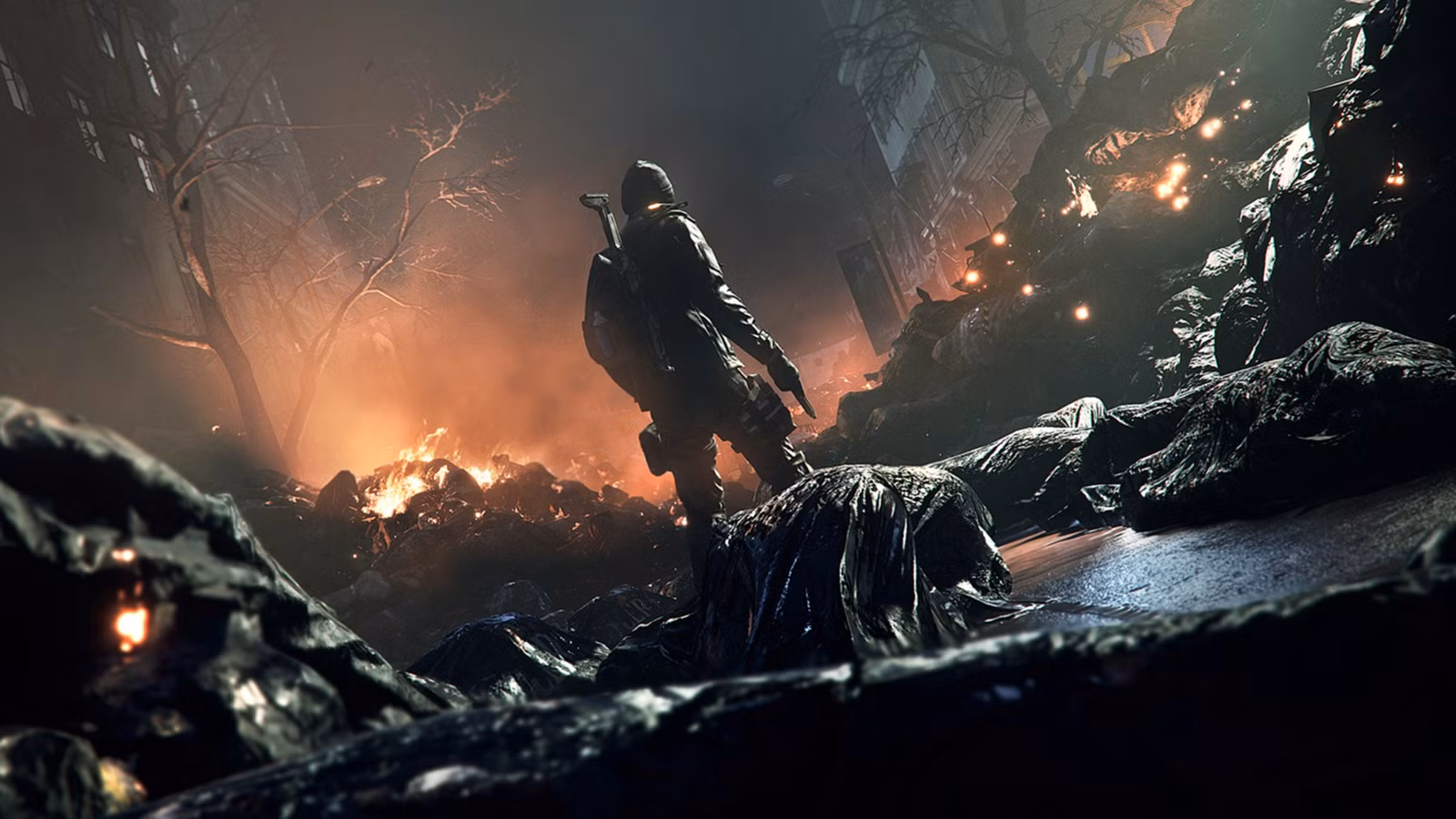 شخصیتی از بازی The Division در یک خیابان آخرالزمانی و آتشین ایستاده که نمادی از بازی‌های فراموش‌شده یوبیسافت است.